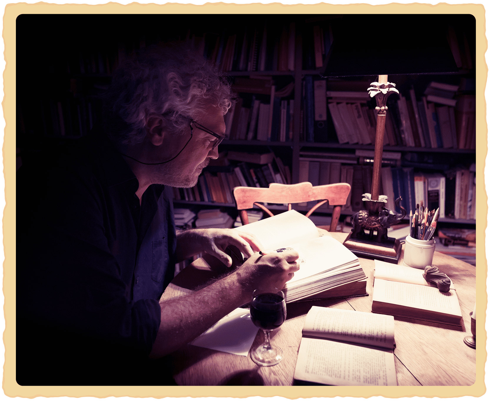 Studious atmosphere with books and wine