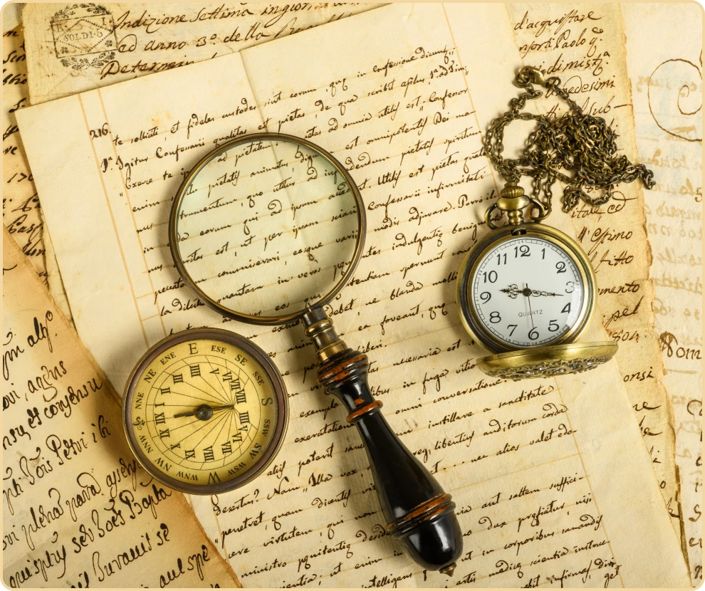Vintage magnifying glass and pocket watch